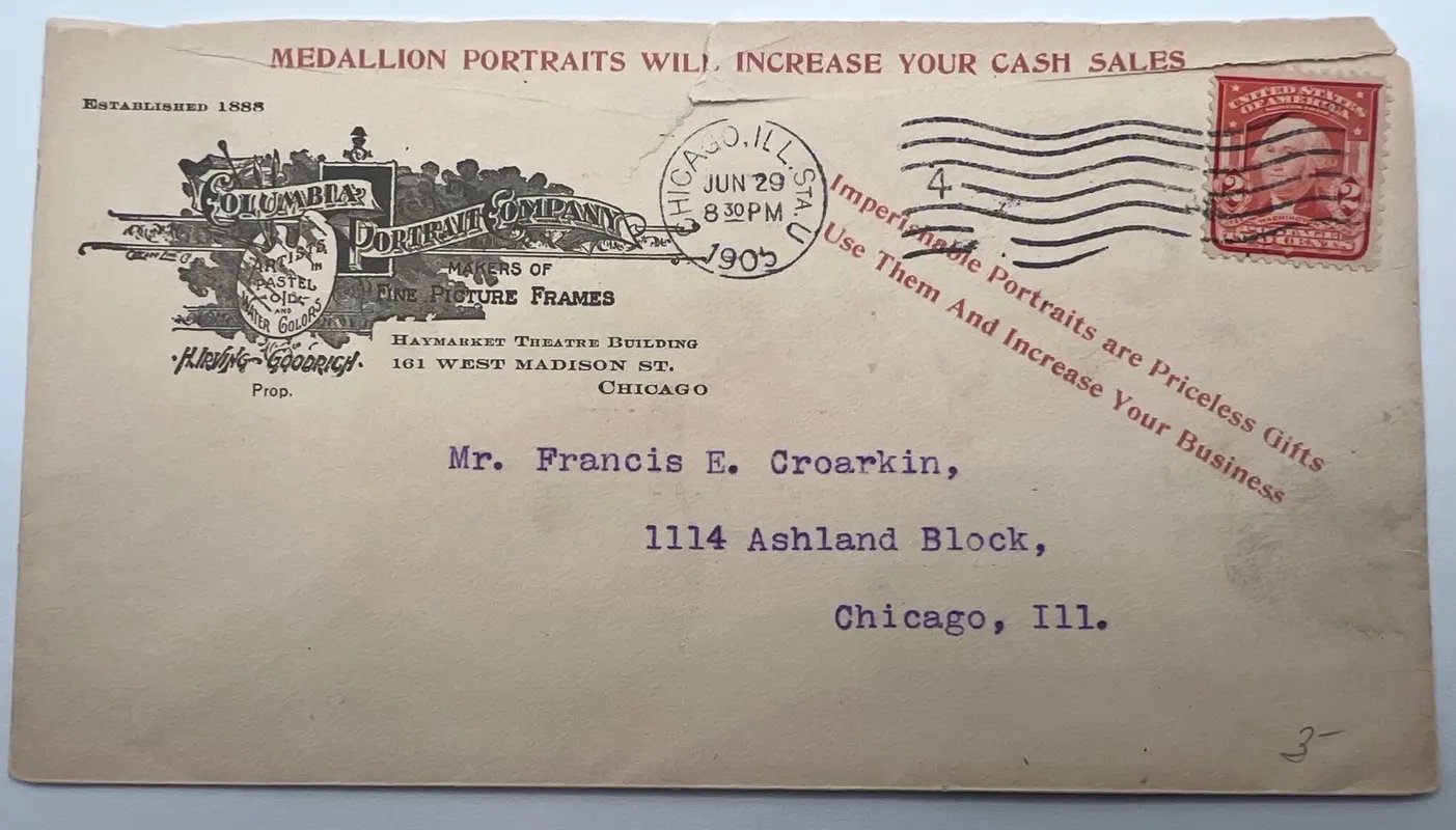 1903 Columbia Portrait Co Chicago Advertising Cover 2¢ Washington Stamp #1493
