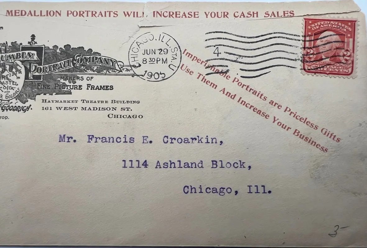 1903 Columbia Portrait Co Chicago Advertising Cover 2¢ Washington Stamp #1493 photo 2