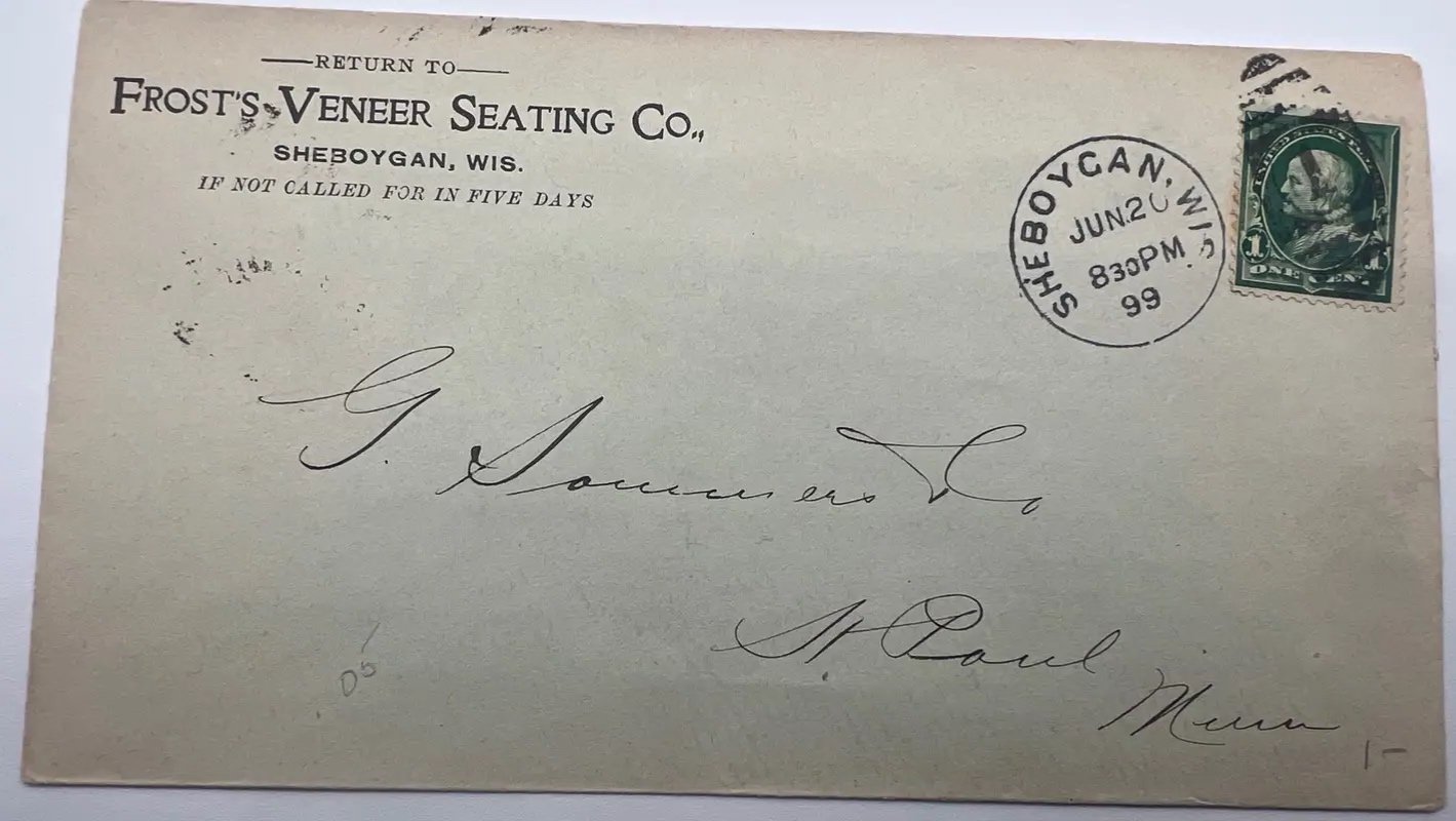 1899 Frost’s Veneer Seating Co Sheboygan WI Cover 1¢ Franklin Scott 279 #1494