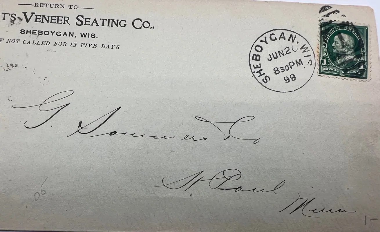 1899 Frost’s Veneer Seating Co Sheboygan WI Cover 1¢ Franklin Scott 279 #1494 photo 2