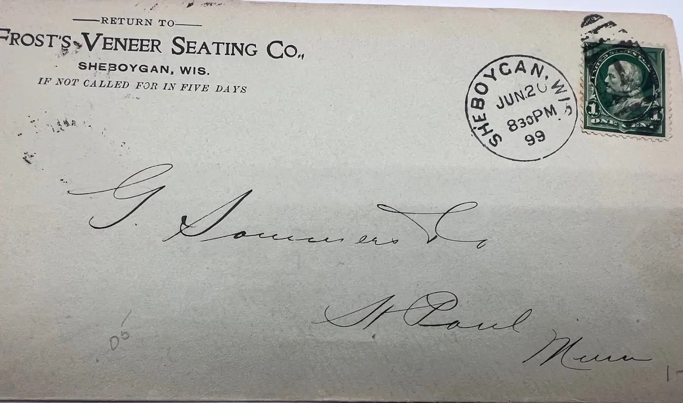 1899 Frost’s Veneer Seating Co Sheboygan WI Cover 1¢ Franklin Scott 279 #1494 photo 3