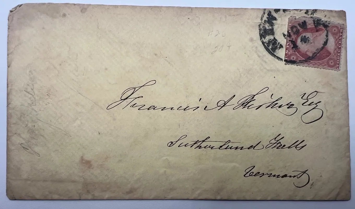 c1857-61 3¢ Washington Cover Francis A Fisher Sutherland Falls VT Marble #1496