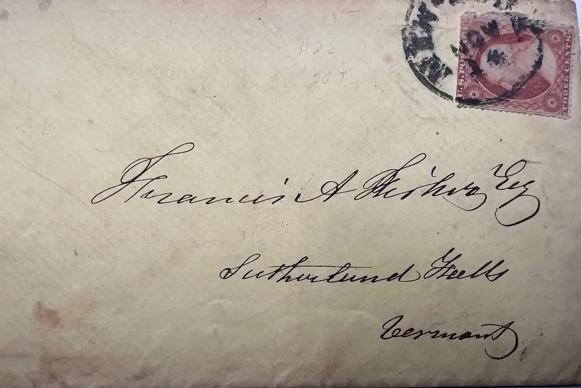 c1857-61 3¢ Washington Cover Francis A Fisher Sutherland Falls VT Marble #1496 photo 2