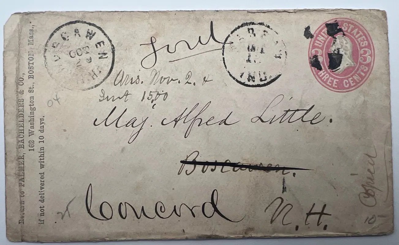 c1870 Maj Alfred Little Musician 3¢ Postal Cover Palmer Bachelder Boston #1498