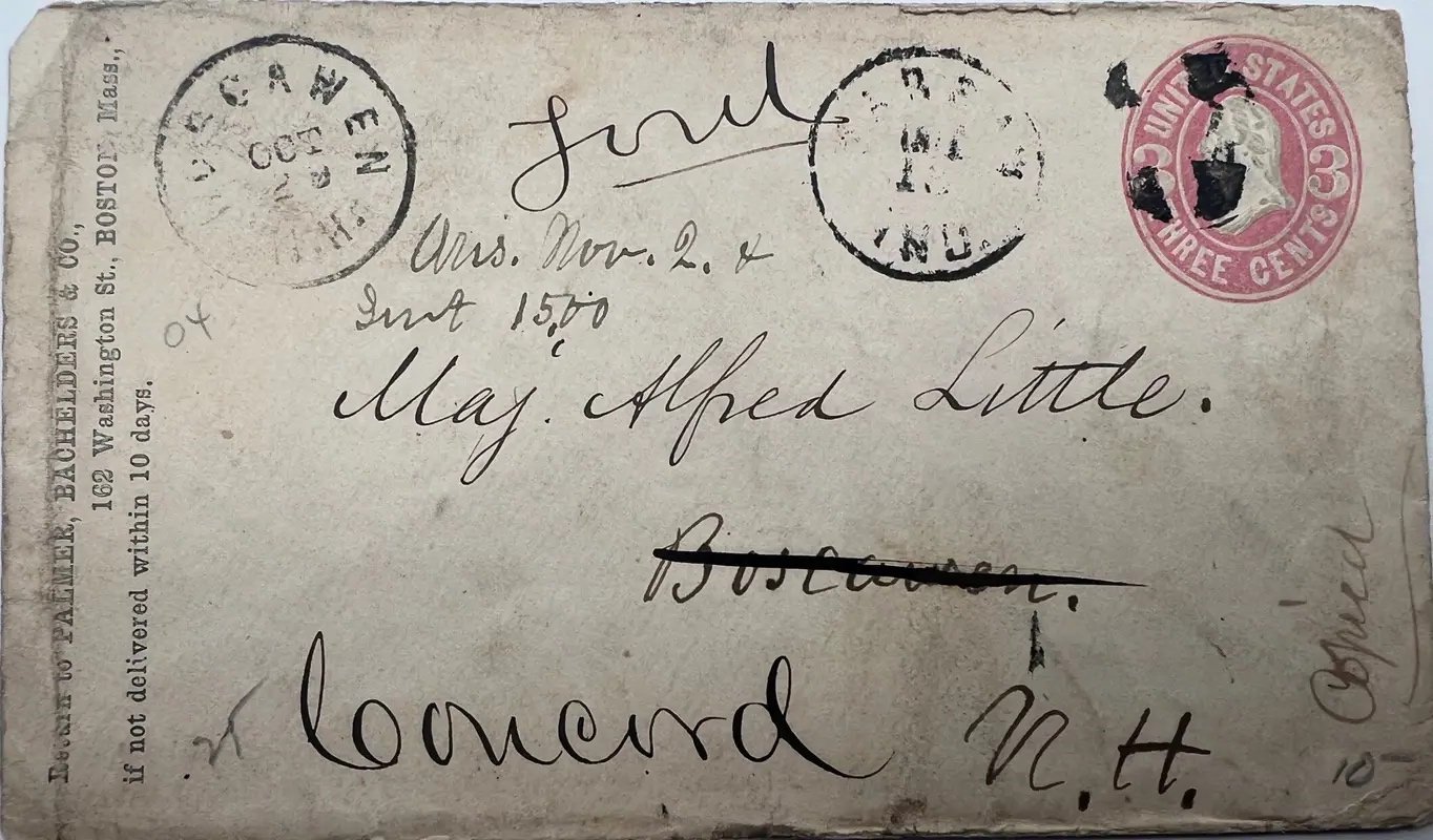 c1870 Maj Alfred Little Musician 3¢ Postal Cover Palmer Bachelder Boston #1498 photo 2