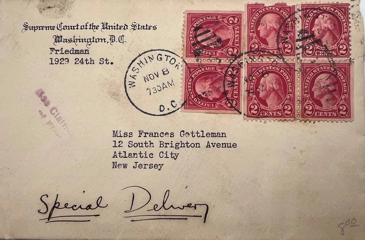 1930 Supreme Court Wilbur Friedman Harlan Stone Special Delivery Cover #1503 photo 2