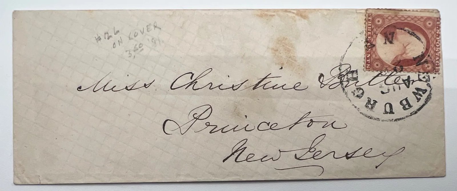 1857 Scott 26 3c Washington Cover Christina Butler Princeton NJ #1504