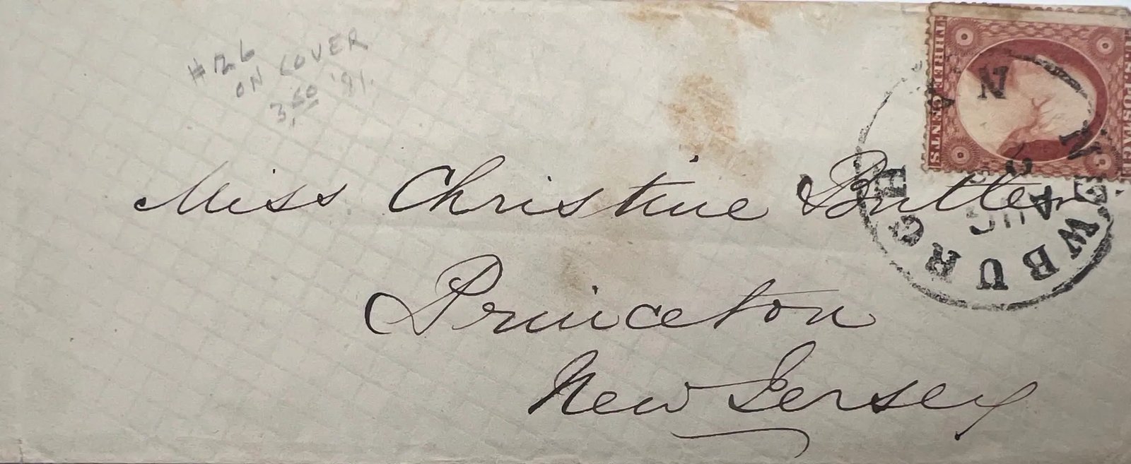 1857 Scott 26 3c Washington Cover Christina Butler Princeton NJ #1504 photo 2