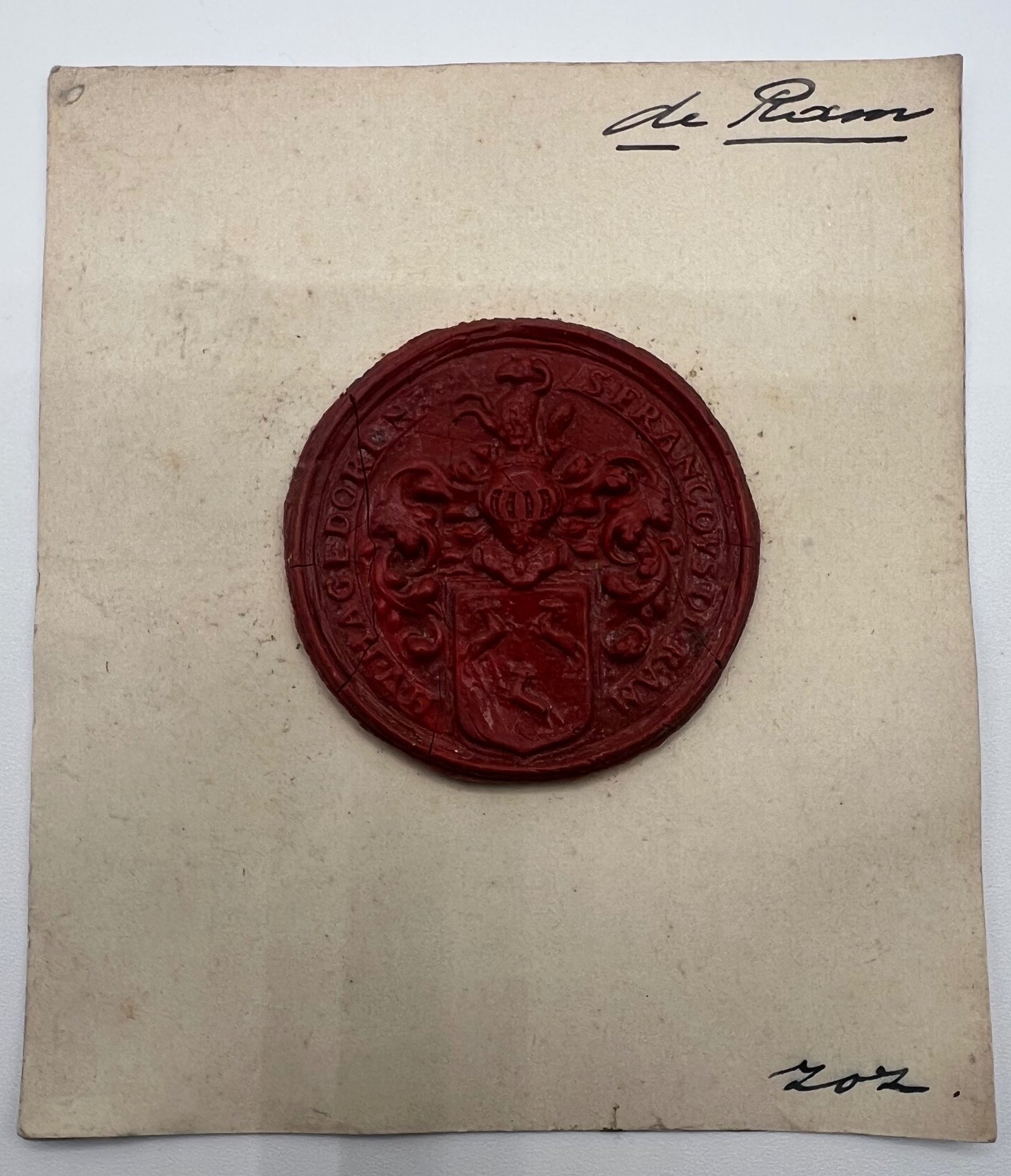 Antique Dutch Heraldic Wax Seal Francoys de Ram van Hagedorne Card #1507