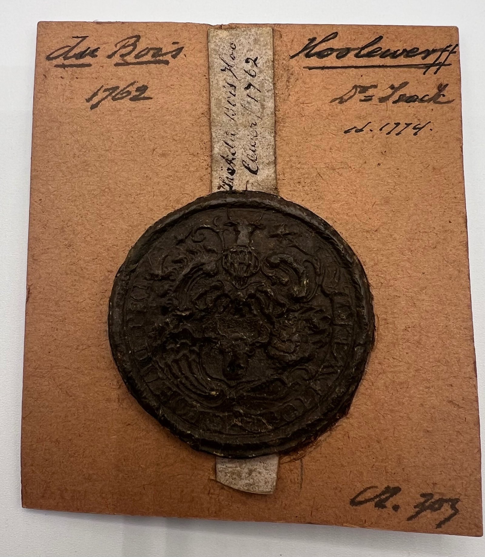 1762 Antique Du Bois Heraldic Wax Seal Koolewerff 1774 Dutch Armorial #1508