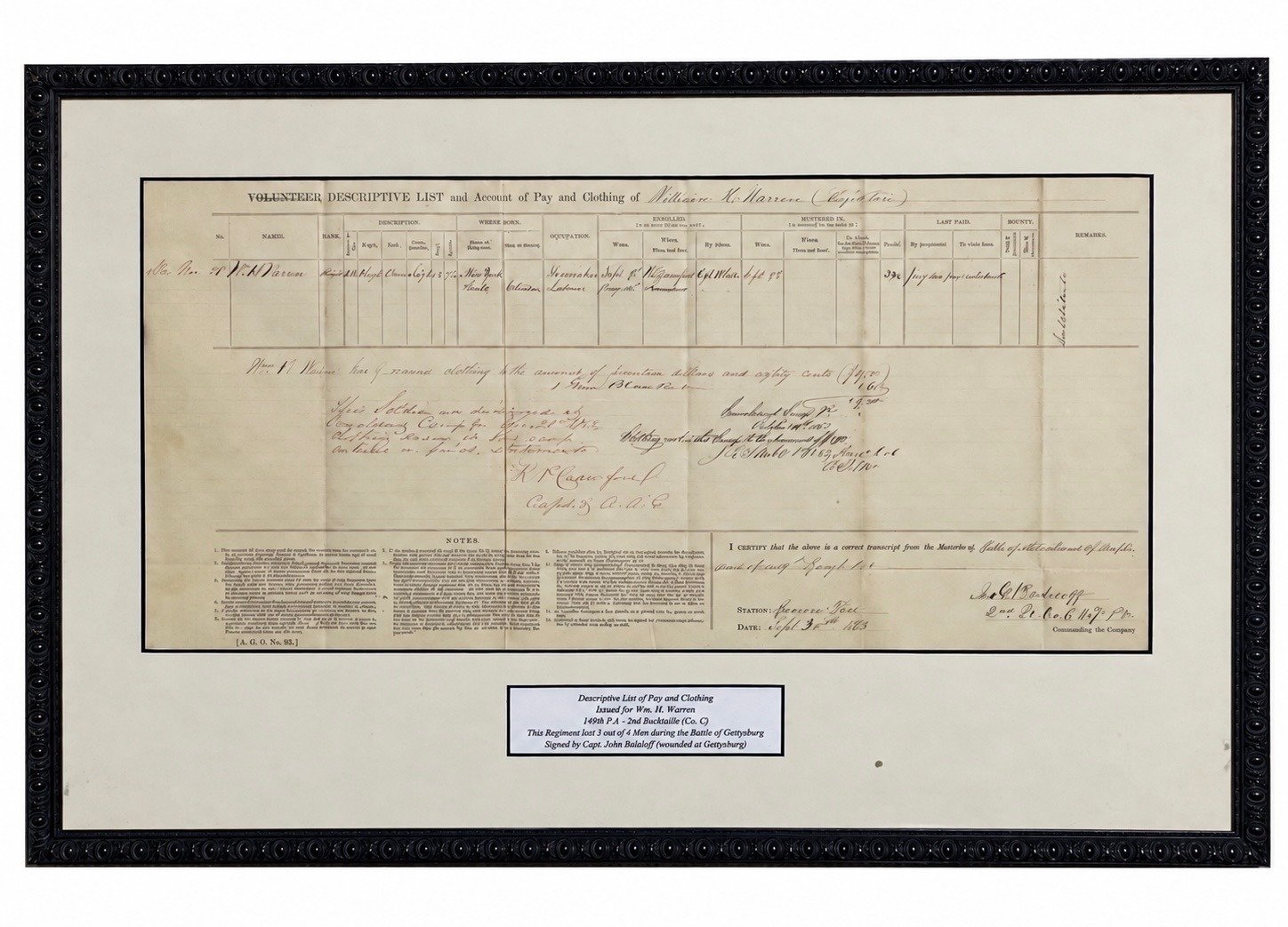 1863 Civil War 149th Pennsylvania Bucktails Pay & Clothing Document Framed