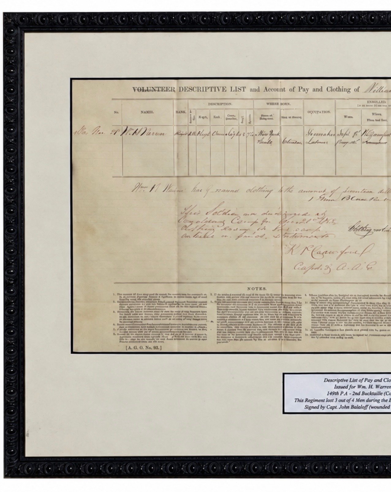 1863 Civil War 149th Pennsylvania Bucktails Pay & Clothing Document Framed photo 2