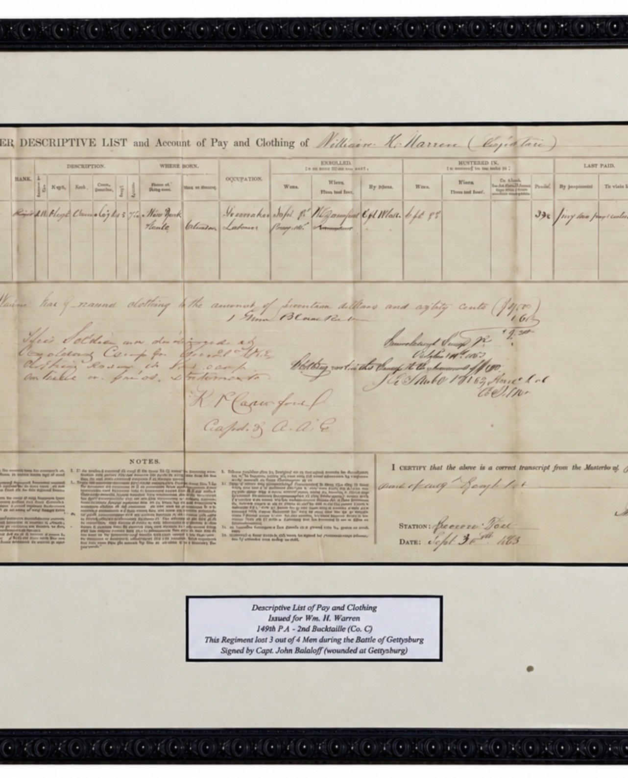 1863 Civil War 149th Pennsylvania Bucktails Pay & Clothing Document Framed photo 4