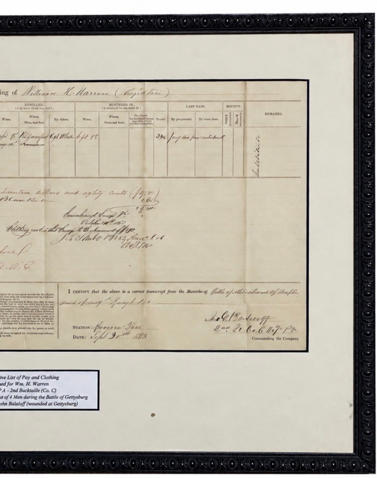 1863 Civil War 149th Pennsylvania Bucktails Pay & Clothing Document Framed photo 3
