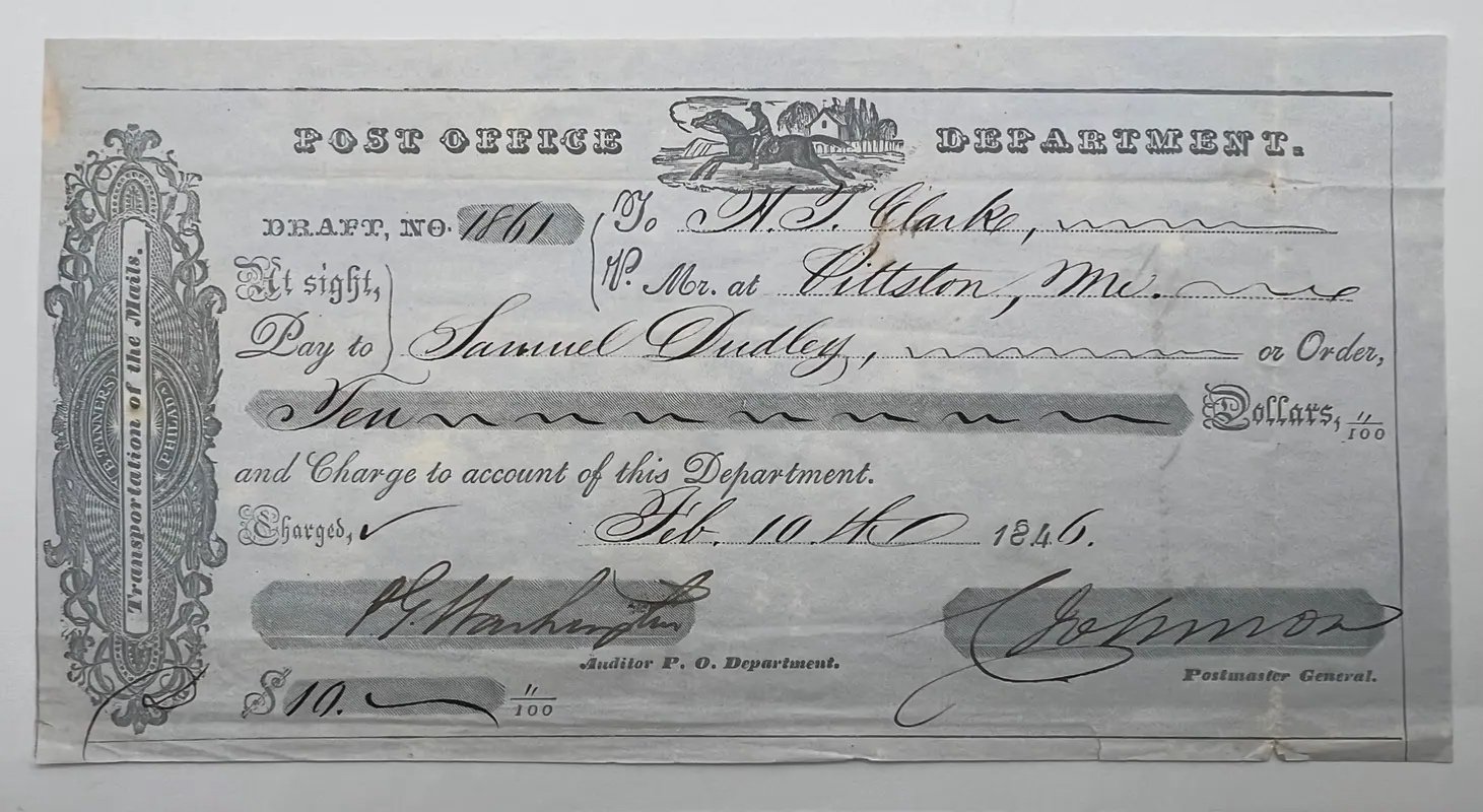 1846 US Post Office $10 Draft – Signature Attributed to Cave Johnson #1509