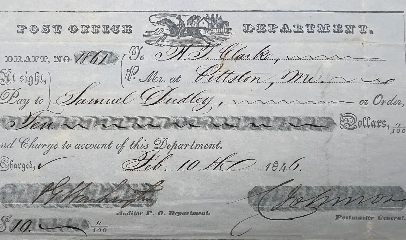 1846 US Post Office $10 Draft – Signature Attributed to Cave Johnson #1509 photo 2