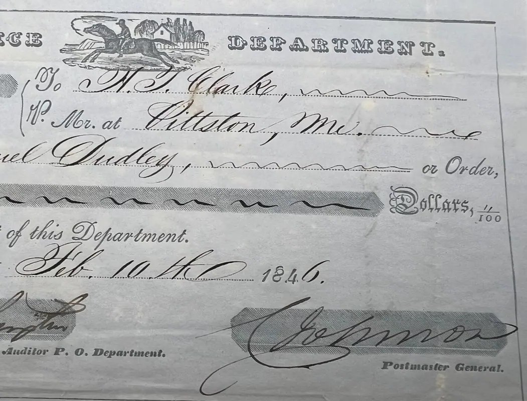 1846 US Post Office $10 Draft – Signature Attributed to Cave Johnson #1509 photo 3