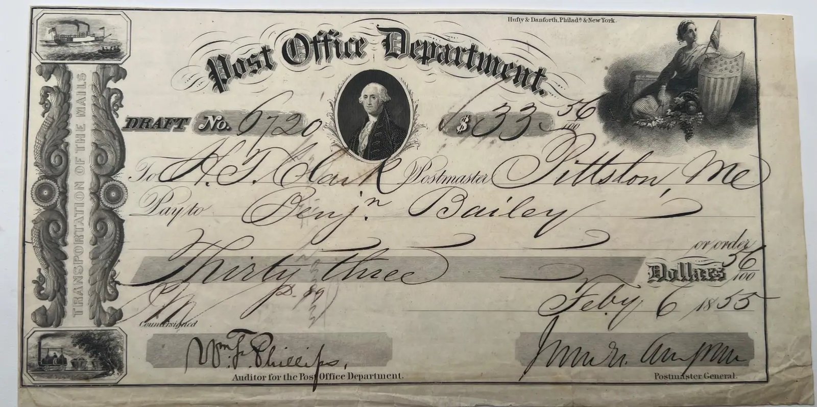 1855 Post Office Draft James Campbell Era Pittston Maine Postal History #1510