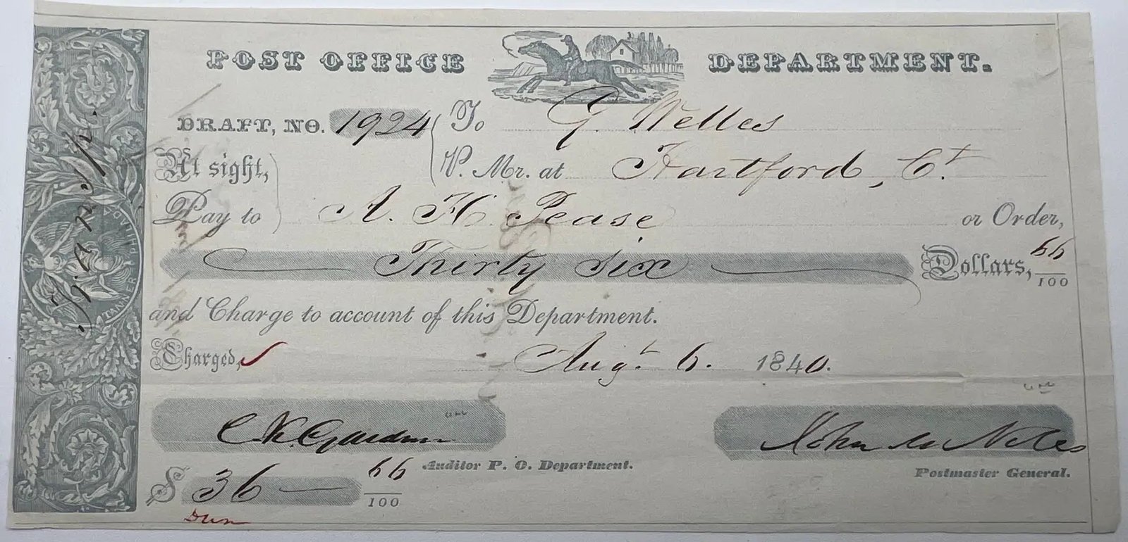 1840 John M. Niles Signed Post Office Draft to Gideon Welles, Hartford CT #1511