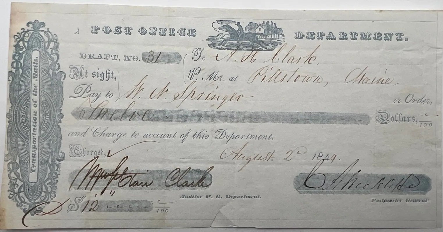 1844 US Post Office Mail Transportation Draft C A Wickliffe Pittston Maine #1512
