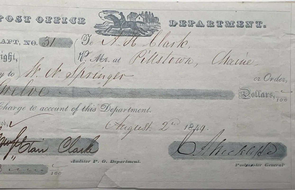1844 US Post Office Mail Transportation Draft C A Wickliffe Pittston Maine #1512 photo 2
