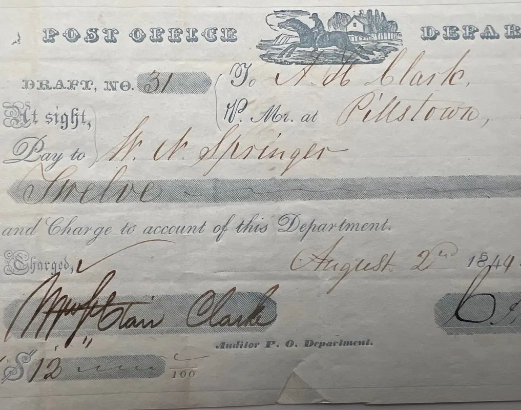1844 US Post Office Mail Transportation Draft C A Wickliffe Pittston Maine #1512 photo 4
