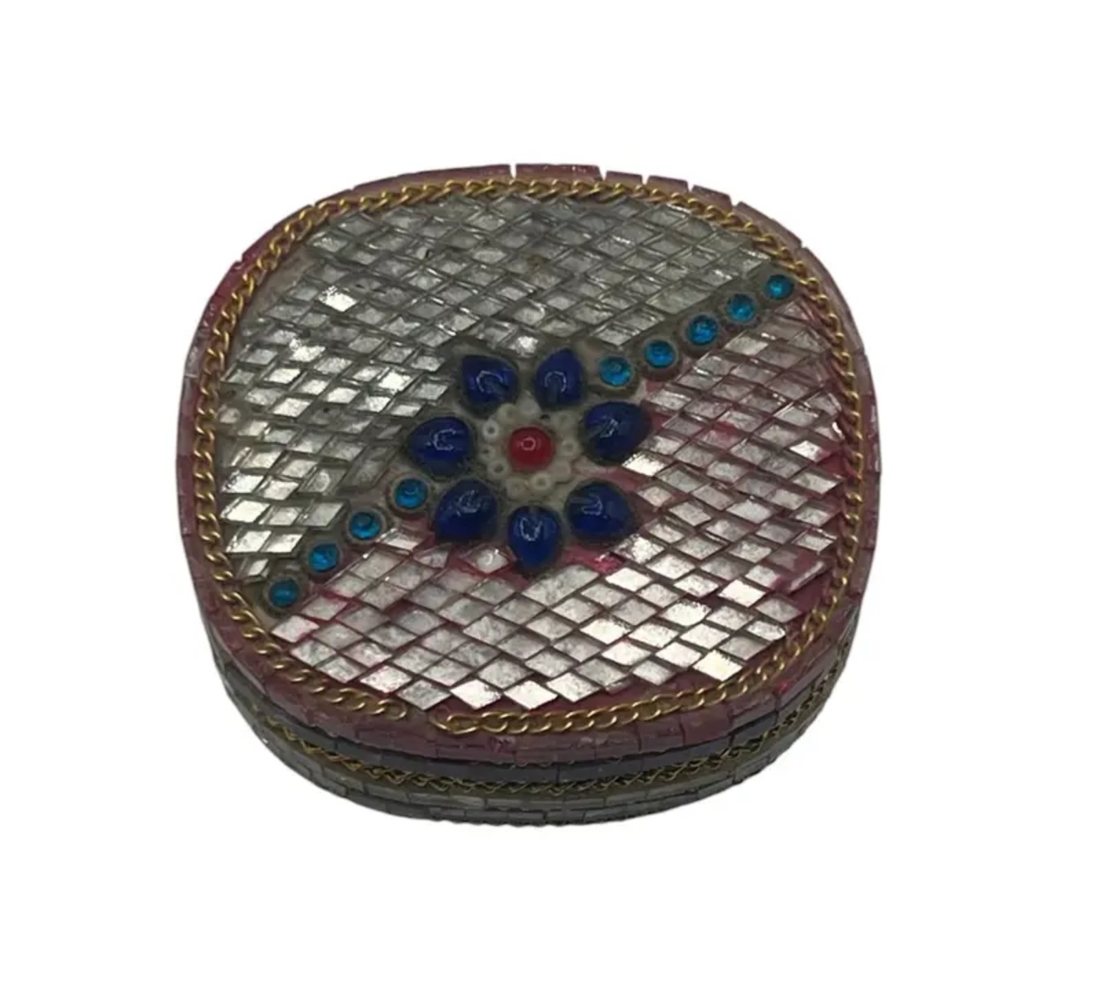 Decorative Mosaic Inlay Trinket Box with Blue and Red Accents # 1513